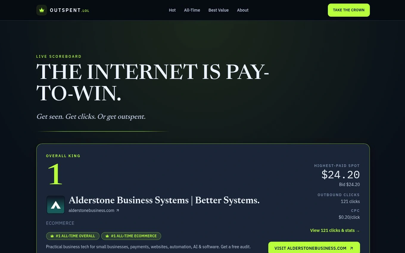 Outspent — Alderstone product with leaderboard and live payments